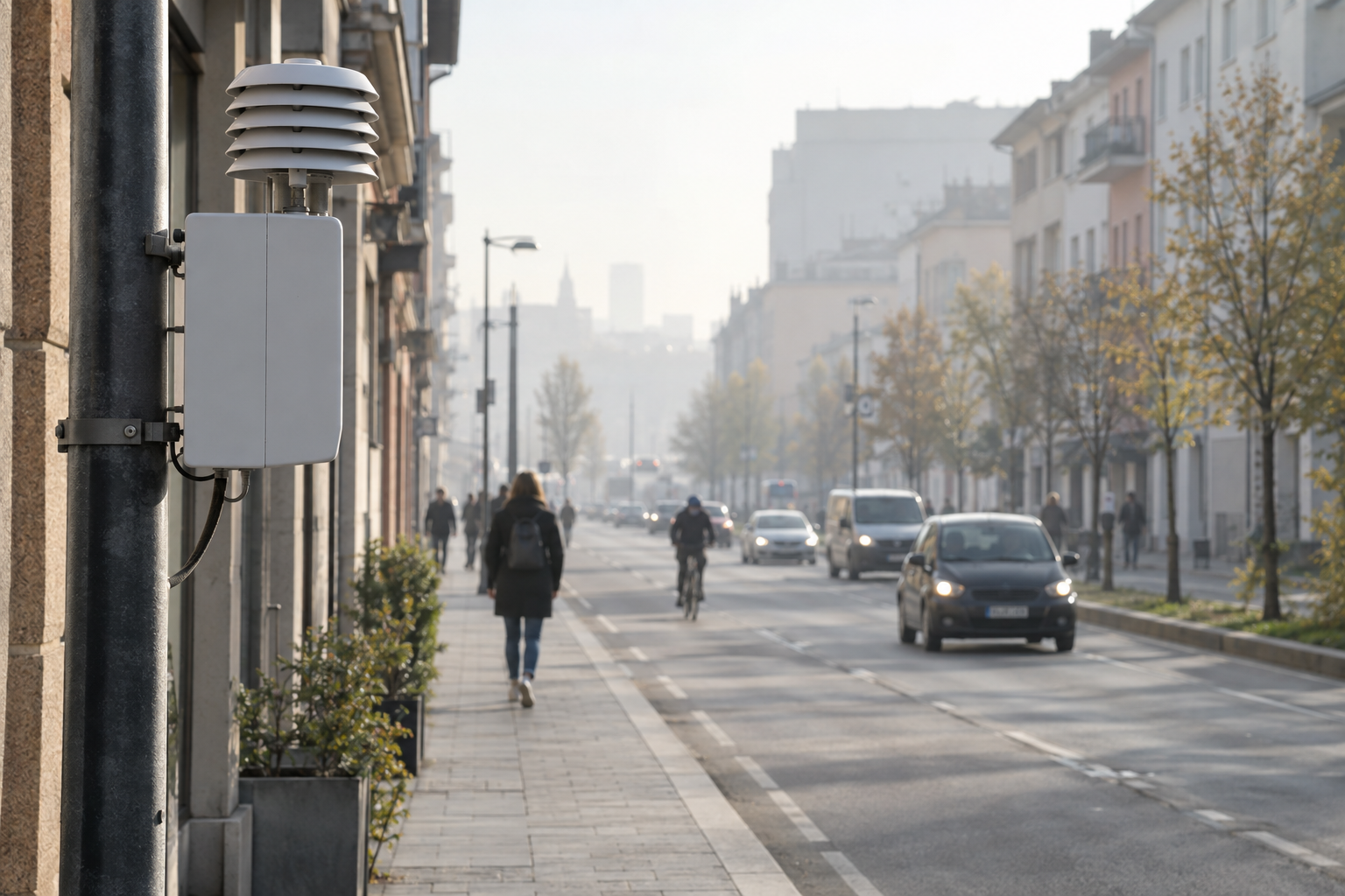 Calle urbana genérica con tráfico y ligera bruma junto a un equipo de medición ambiental
