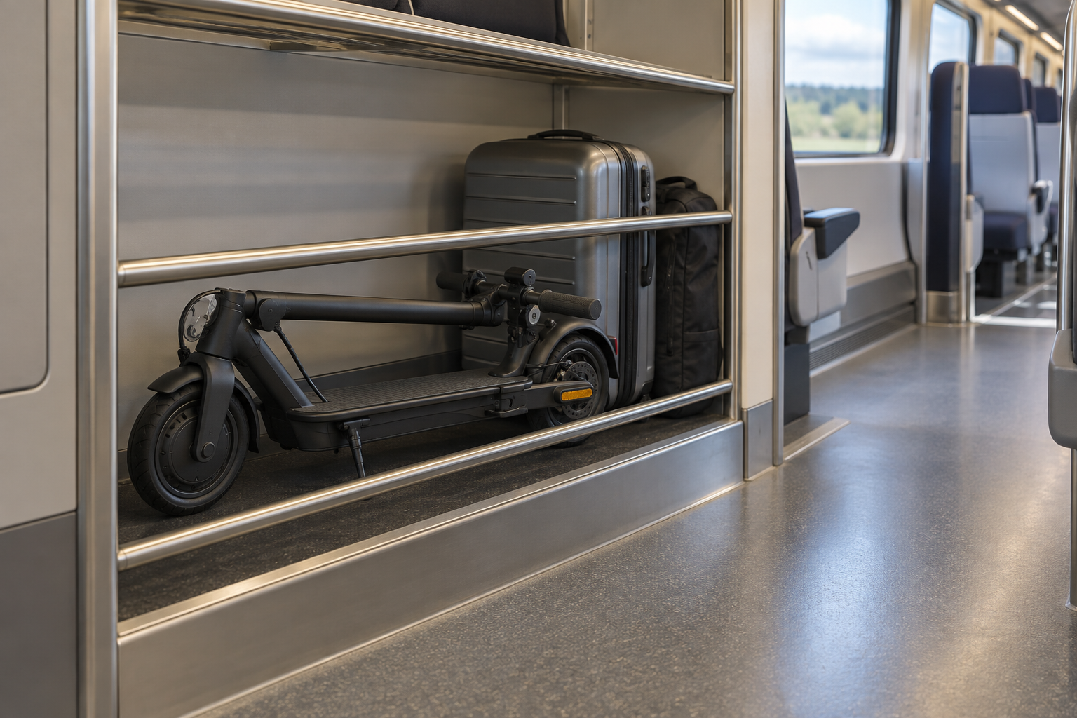 Patinete eléctrico plegado y apagado en el espacio de equipaje de un tren genérico