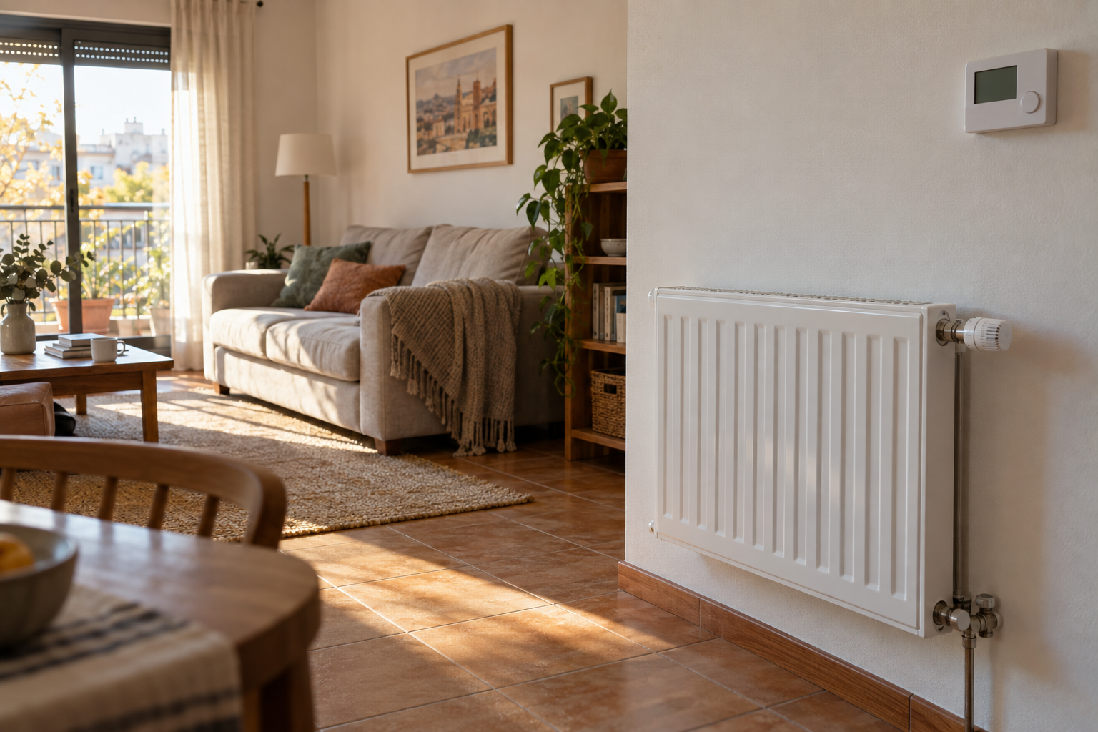 Radiador con válvula termostática y termostato de pared en una sala doméstica