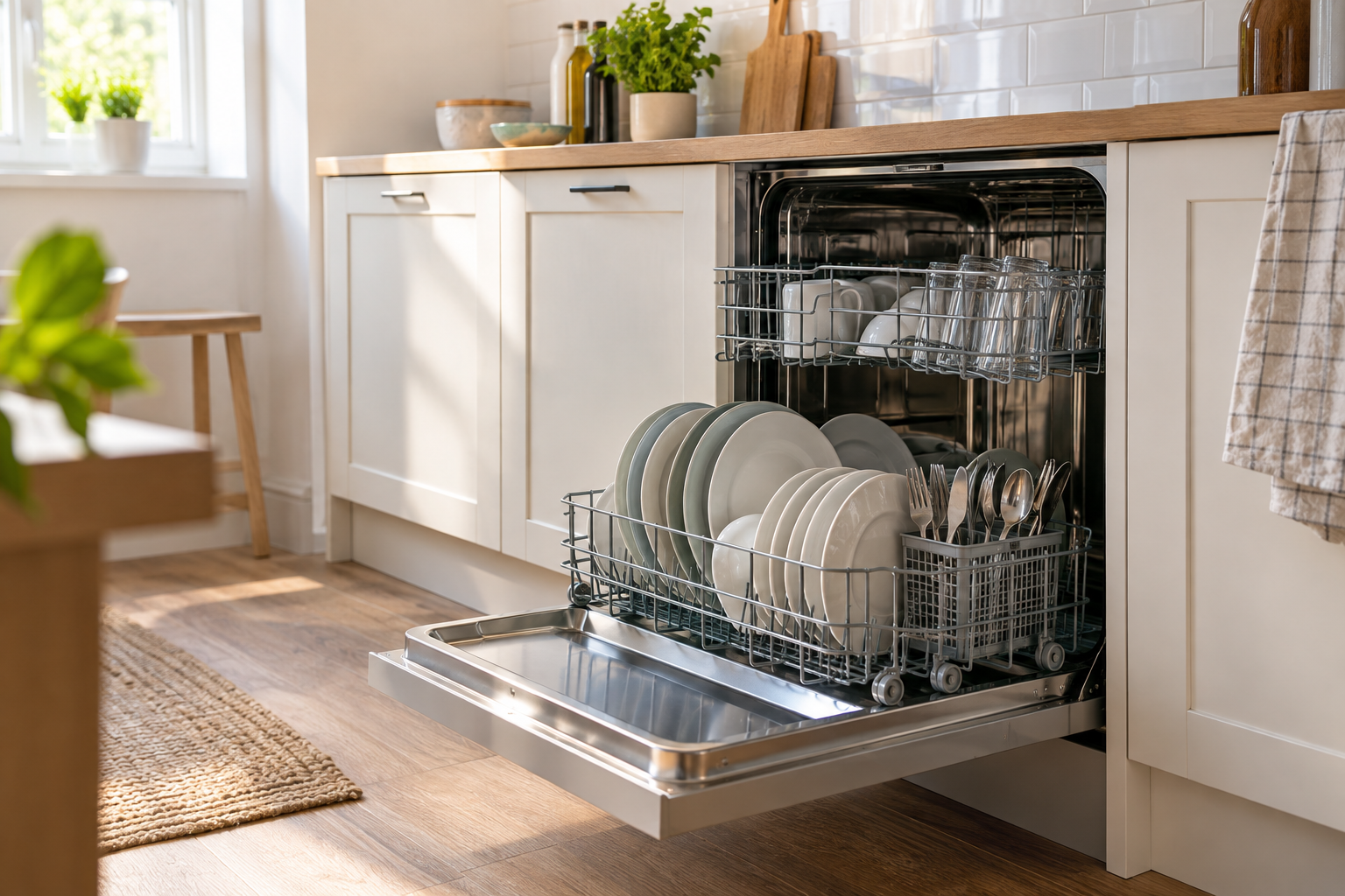 Lavavajillas doméstico abierto y cargado de forma ordenada en una cocina luminosa